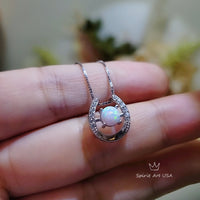 White Opal Horseshoe Necklace Sterling Silver Dainty Diamond Stone Opal Choker, Minimalist White Gold coated Opal Jewelry