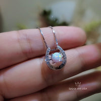 White Opal Horseshoe Necklace Sterling Silver Dainty Diamond Stone Opal Choker, Minimalist White Gold coated Opal Jewelry