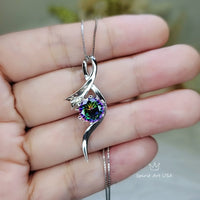 Sterling Silver Bow Mystic Topaz Necklace, White Gold coated 2 CT Rainbow Mystic Pendant, Swirl Infinity Bridal Rainbow Gemstone #939