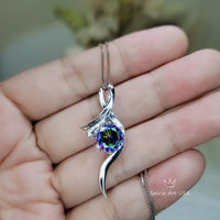 Sterling Silver Bow Mystic Topaz Necklace, White Gold coated 2 CT Rainbow Mystic Pendant, Swirl Infinity Bridal Rainbow Gemstone #939