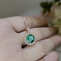 Rose Gold Coated 925 Sterling Silver Round 8mm 2 Ct Emerald Necklace - Princess Diana Halo Solitaire May Birthstone Emerald Pendant #145