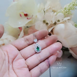 Double Halo Emerald Necklace - Gemstone Teardrop Emerald Pendant - Royal Crown Sterling Silver 18KGP Dainty May Birthstone green #244