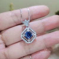 Square Blue Sapphire Necklace - White Gold plated Sterling Silver - 1 CT Blue Sapphire Pendant - Dainty Double Halo Tiny Crown Flower #392