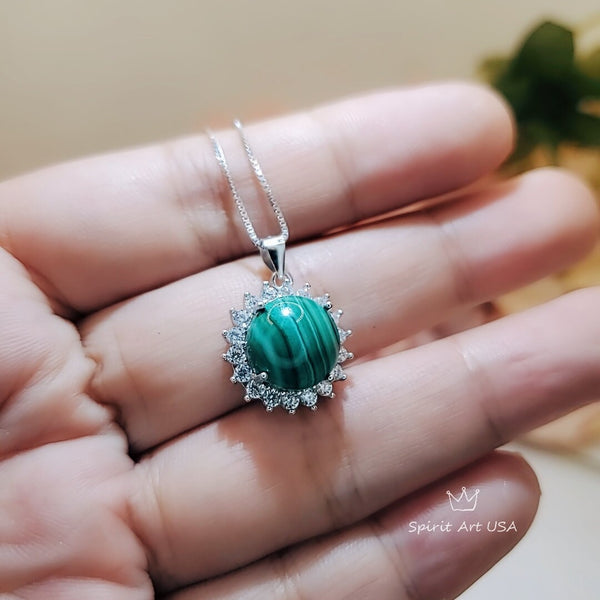 Genuine Malachite Necklace - High Quality Dainty Sterling Silver Princess Diana Style Gemstone Sunflower Style Natural Malachite #359