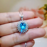 Swiss Blue Topaz Necklace - Double Gemstone Halo White Gold coated Sterling Silver High Quality 3 CT Blue Topaz Pendant #616