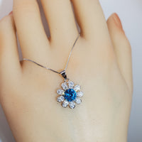 Blue Topaz Necklace - Blue Topaz Pendant - Sunflower Necklace - 18KGP Sterling Silver 047