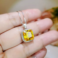 Large Square Yellow Gemstone Necklace -Cushion 5 CT Yellow Moissanite Gemstone Pendant White Gold Sterling Silver #443