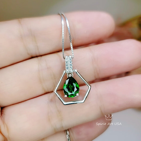 Geometric Green Emerald Necklace - Sterling Silver Triangle Gemstone Teardrop Emerald Pendant Tiny Minimalist Dynamic stone Jewelry #108