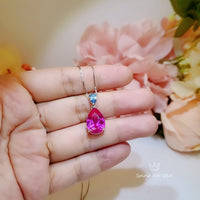 Large Pink Sapphire Necklace - 5.5 CT Teardrop Fuchsia Pink Sapphire Pendant - White Gold Coated Sterling Silver Pink Sapphire Jewelry #747