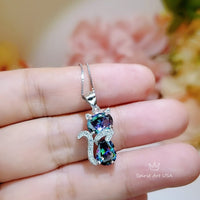 Cat Rainbow Mystic Topaz Necklace - Gemstone Cat Kitty Pendant - White Gold Coated Sterling Silver Pets Lover Jewelry #214