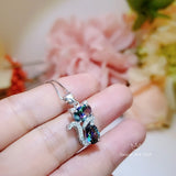 Cat Rainbow Mystic Topaz Necklace - Gemstone Cat Kitty Pendant - White Gold Coated Sterling Silver Pets Lover Jewelry #214