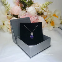 Created Amethyst Necklace - Diamond Crown 6 CT Amethyst Pendant - Sterling Silver White Gold Plated Large Oval Purple Gemstone Jewelry #657