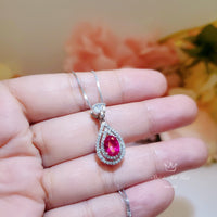 Ruby Necklace - Dainty Teardrop 925 Sterling Silver Ruby Jewelry - Tiny Halo Double Gemstone circle Red Gemstone Pendant #250