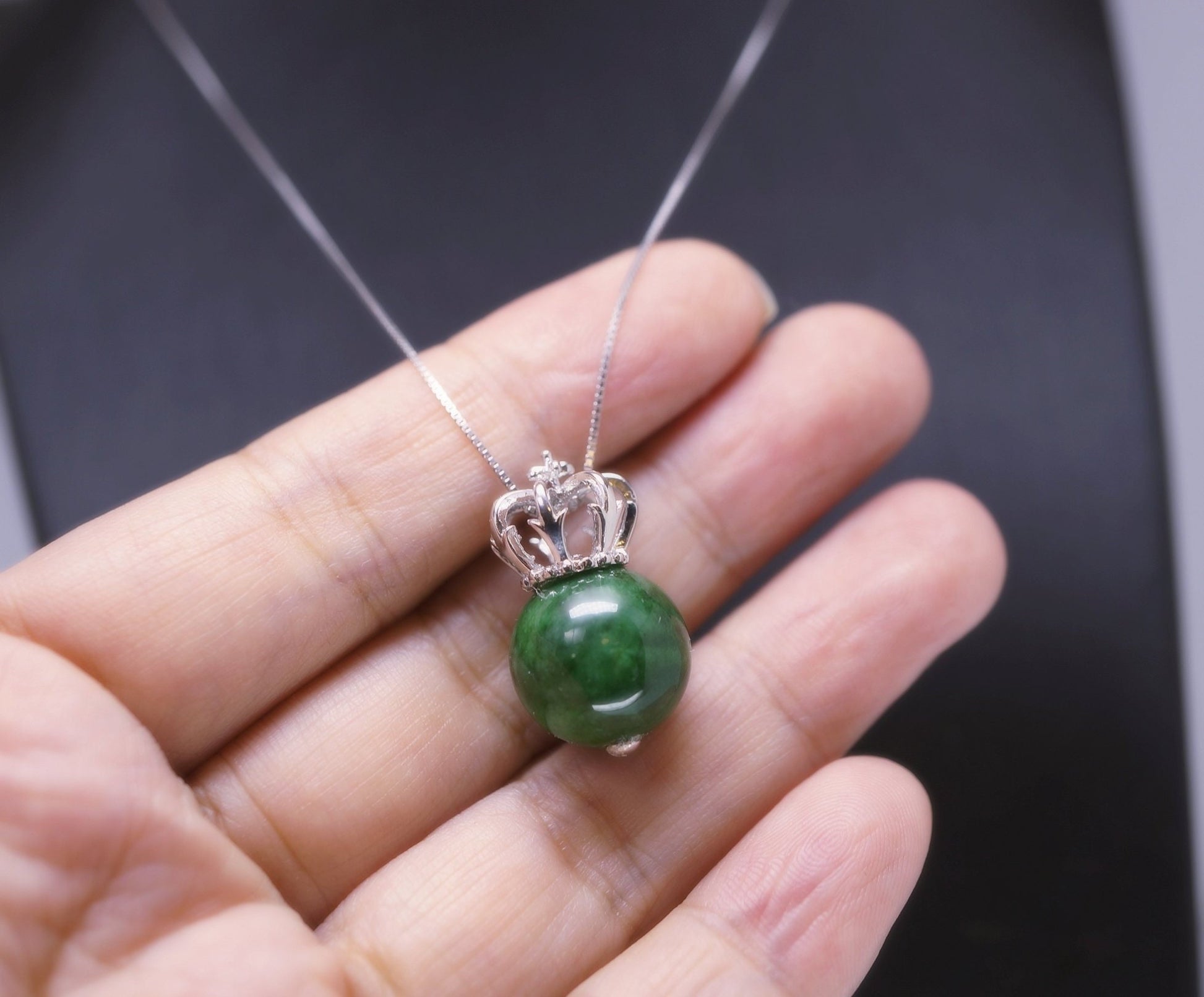 Emerald Jade Pendant: Sterling Silver Royal Crown Necklace chunky stone jewelry #2016