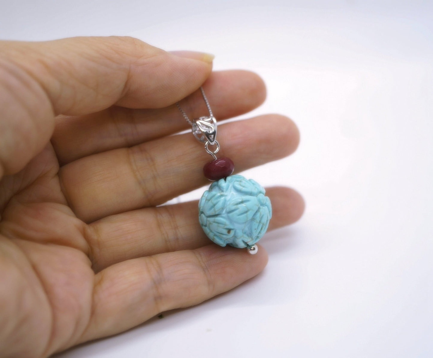 Large Turquoise Pendant: Sterling Silver Flower of Life Ruby Gemstone chunky stone jewelry #2005