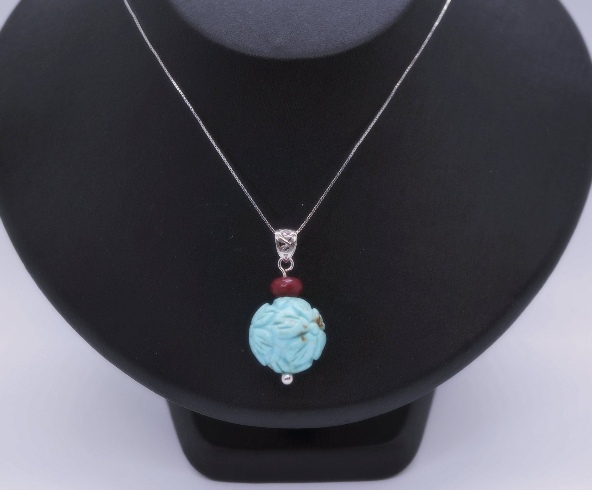 Large Turquoise Pendant: Sterling Silver Flower of Life Ruby Gemstone chunky stone jewelry #2005