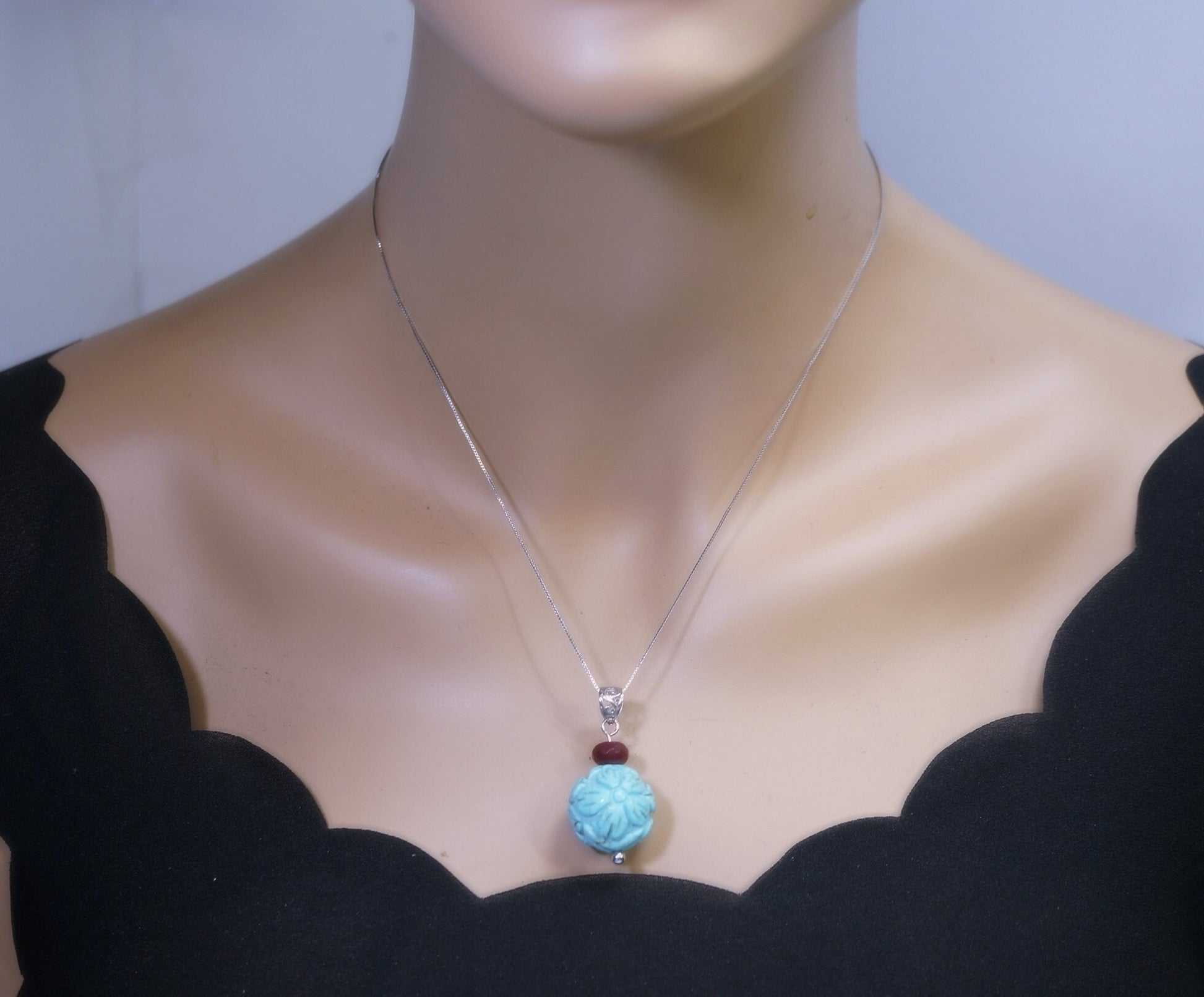 Large Turquoise Pendant: Sterling Silver Flower of Life Ruby Gemstone chunky stone jewelry #2005