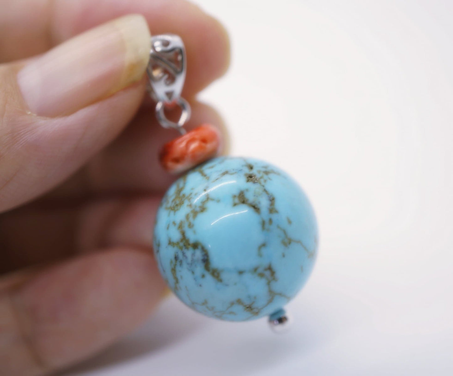 Sterling Silver Turquoise Pendant: Round Spiny Oyster Necklace chunky stone jewelry #2004