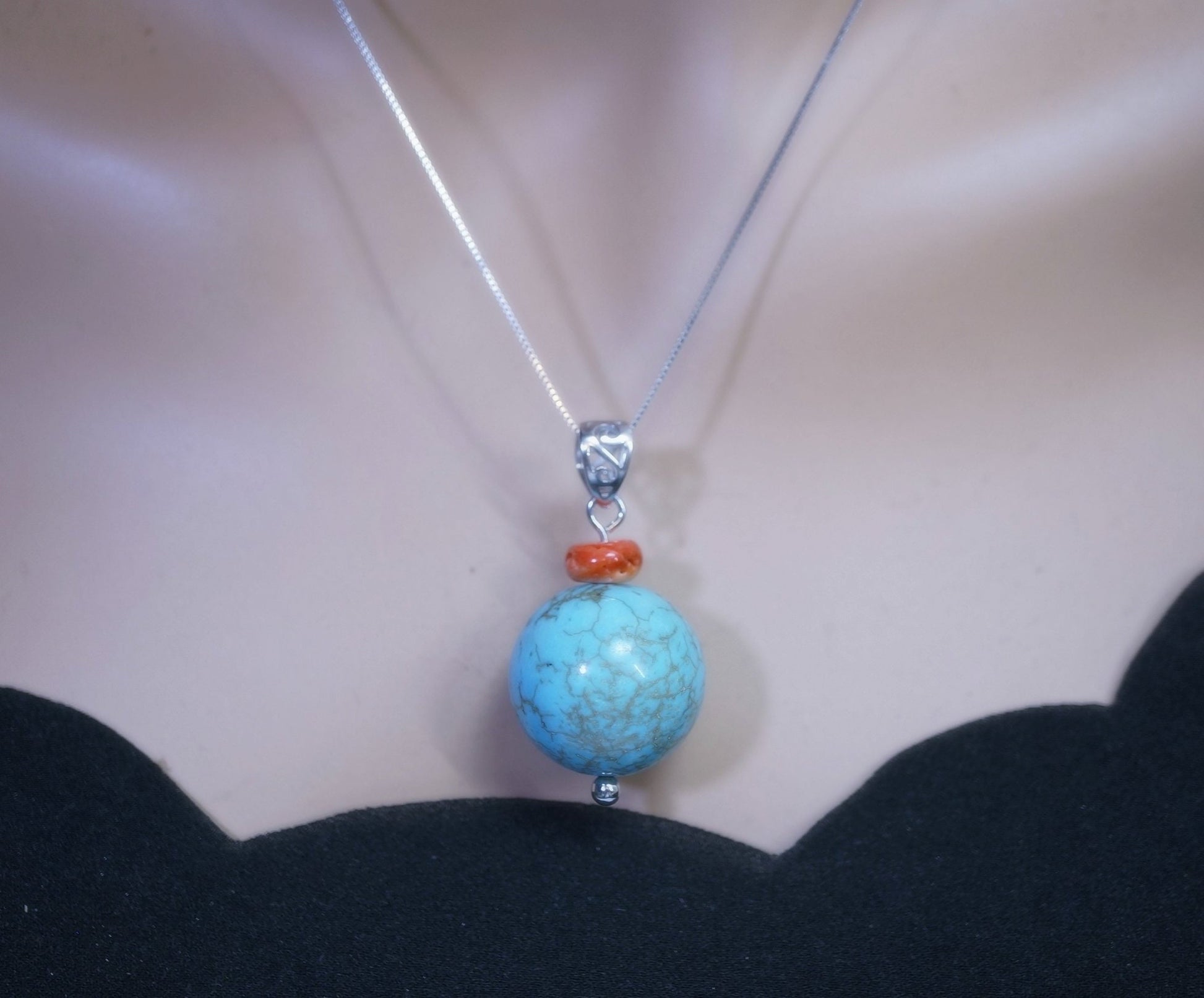 Sterling Silver Turquoise Pendant: Round Spiny Oyster Necklace chunky stone jewelry #2004