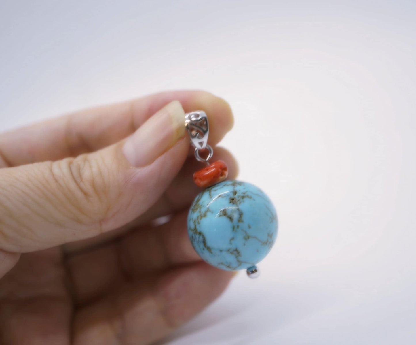 Sterling Silver Turquoise Pendant: Round Spiny Oyster Necklace chunky stone jewelry #2004