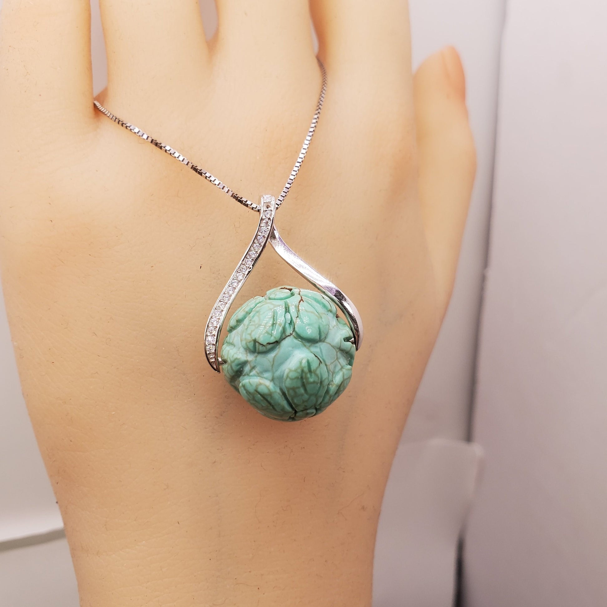 Lotus Turquoise 9#25 Sterling Silver Necklace: Artisan Design chunky stone jewelry #2439