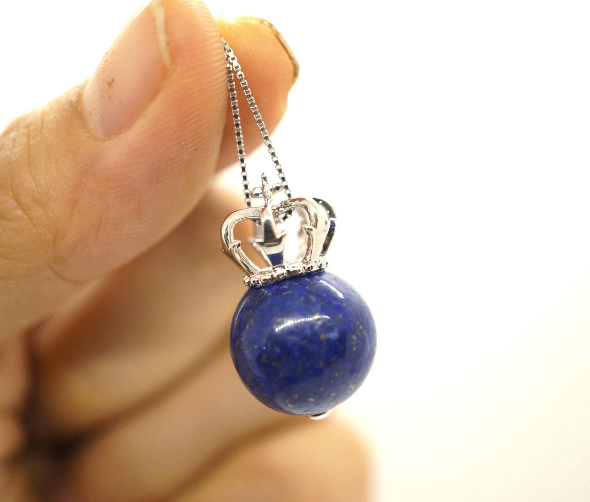 Lapis Lazuli Crown Necklace: Full Sterling silver 18k white gold coated chunky stone jewelry #2325