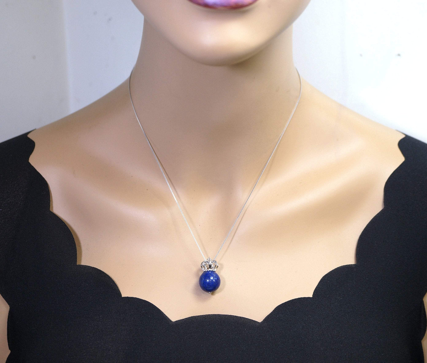 Lapis Lazuli Crown Necklace: Full Sterling silver 18k white gold coated chunky stone jewelry #2325