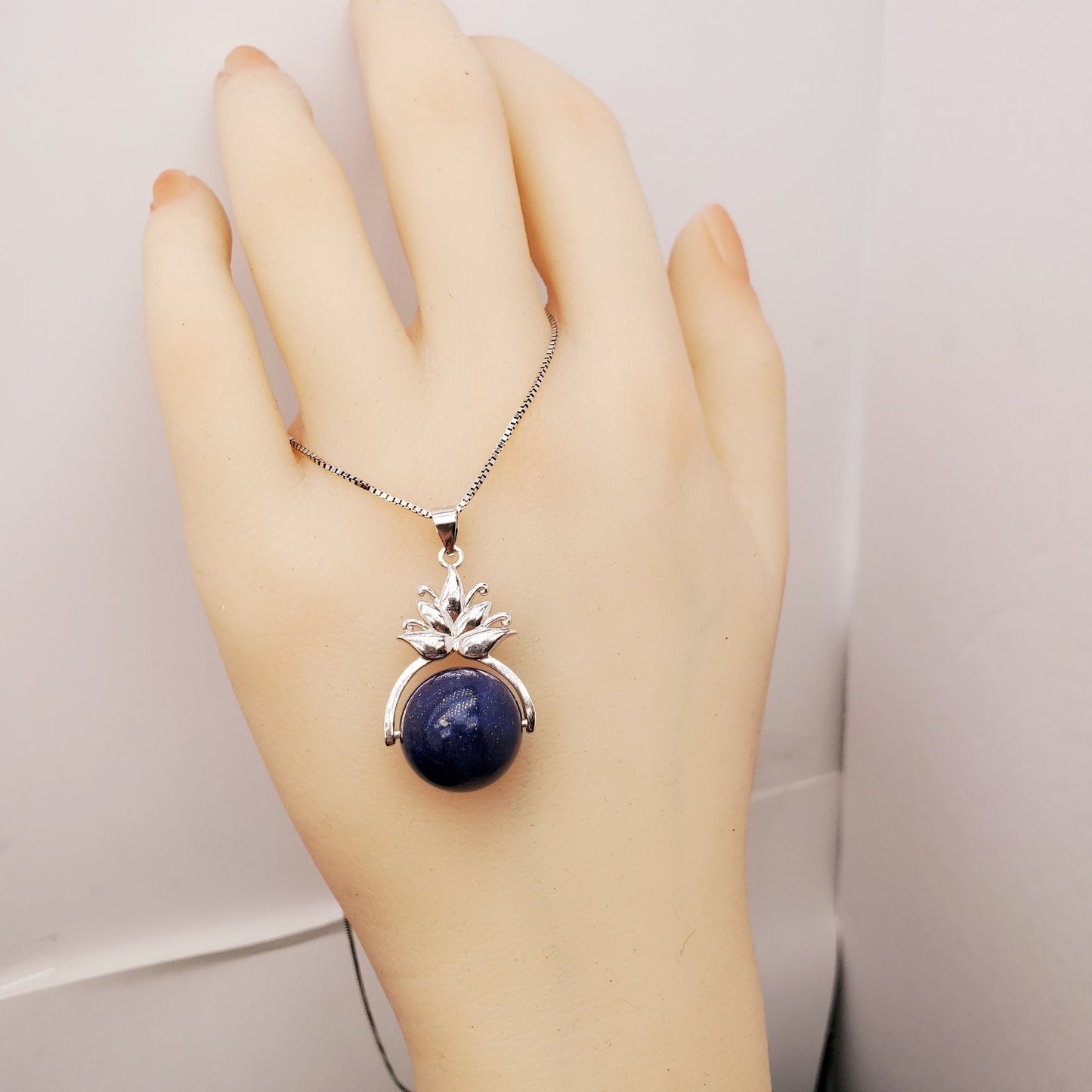 Lapis Lazuli Necklace, Sterling Silver Lotus Flower Jewelry Large Genuine Natural stone chunky stone jewelry #2374