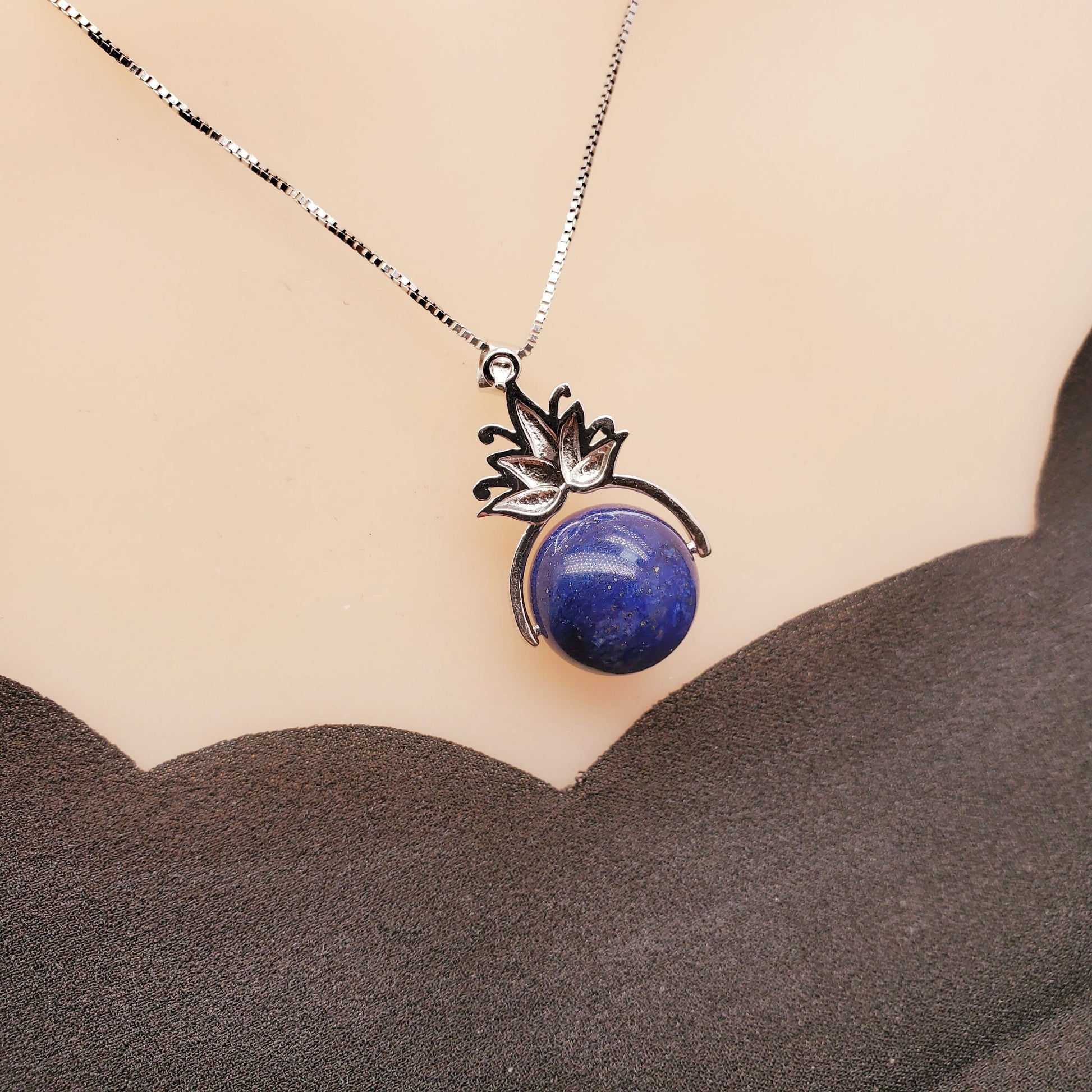 Lapis Lazuli Necklace, Sterling Silver Lotus Flower Jewelry Large Genuine Natural stone chunky stone jewelry #2374