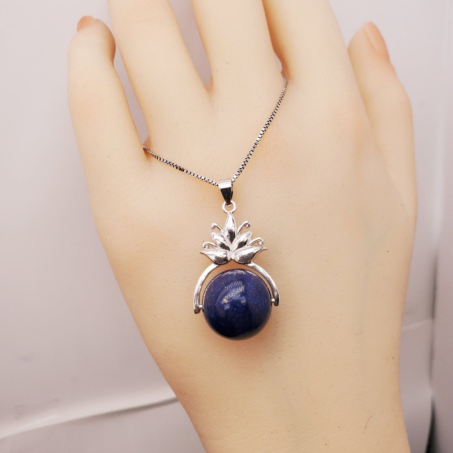Lapis Lazuli Necklace, Sterling Silver Lotus Flower Jewelry Large Genuine Natural stone chunky stone jewelry #2374