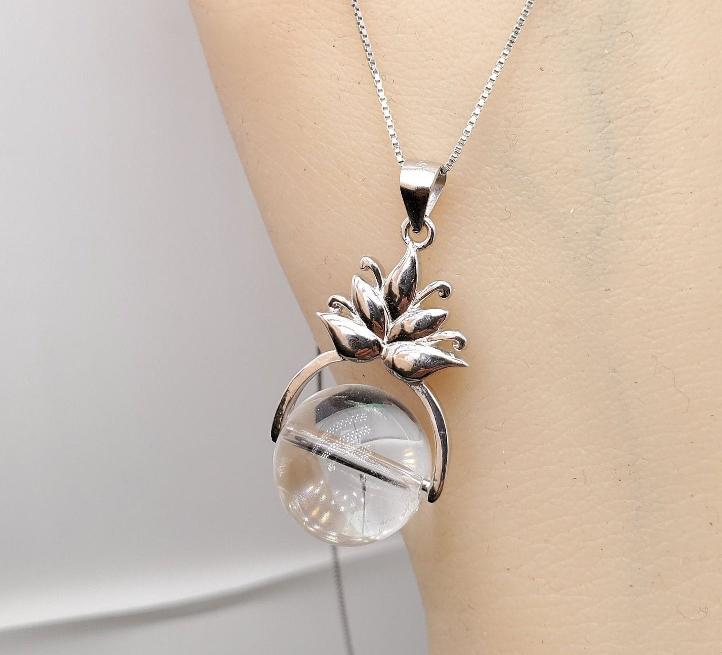 Clear Quartz Pendant: Sterling Silver Lotus Flower Necklace chunky stone jewelry #2532
