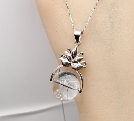 Clear Quartz Pendant: Sterling Silver Lotus Flower Necklace chunky stone jewelry #2532