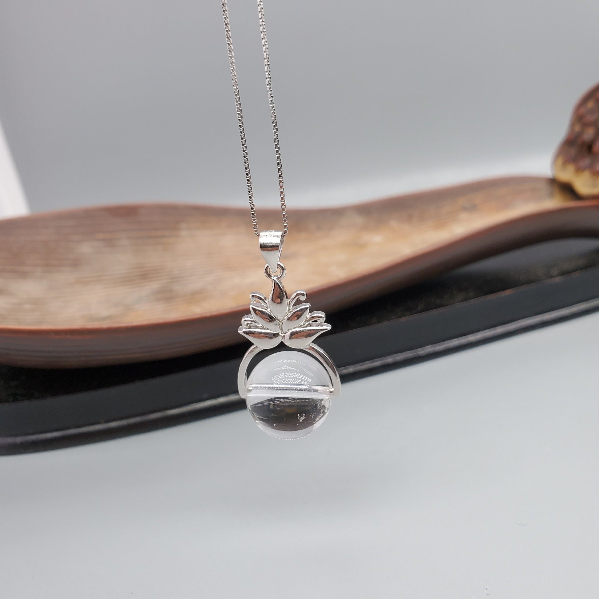 Clear Quartz Pendant: Sterling Silver Lotus Flower Necklace chunky stone jewelry #2532