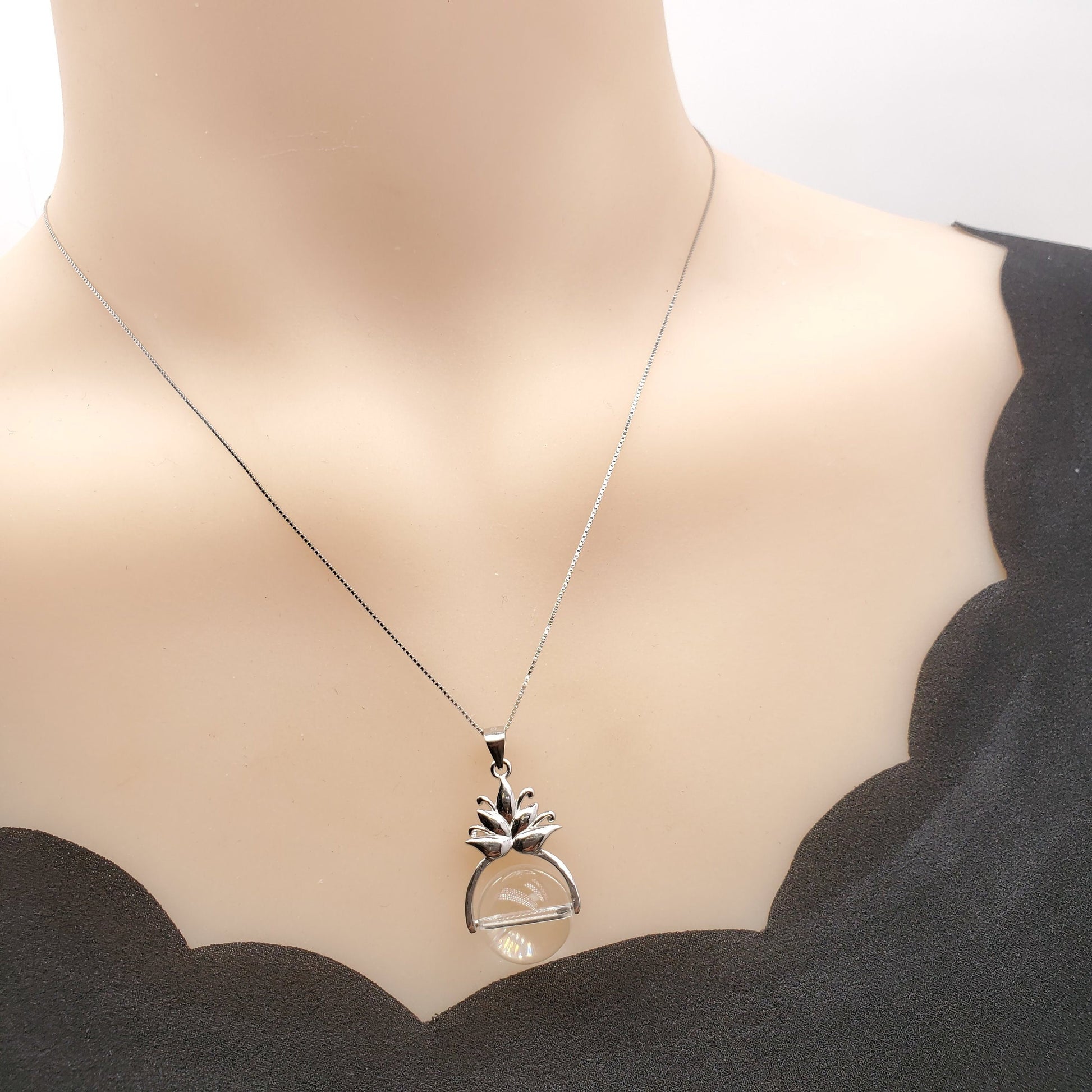 Clear Quartz Pendant: Sterling Silver Lotus Flower Necklace chunky stone jewelry #2532