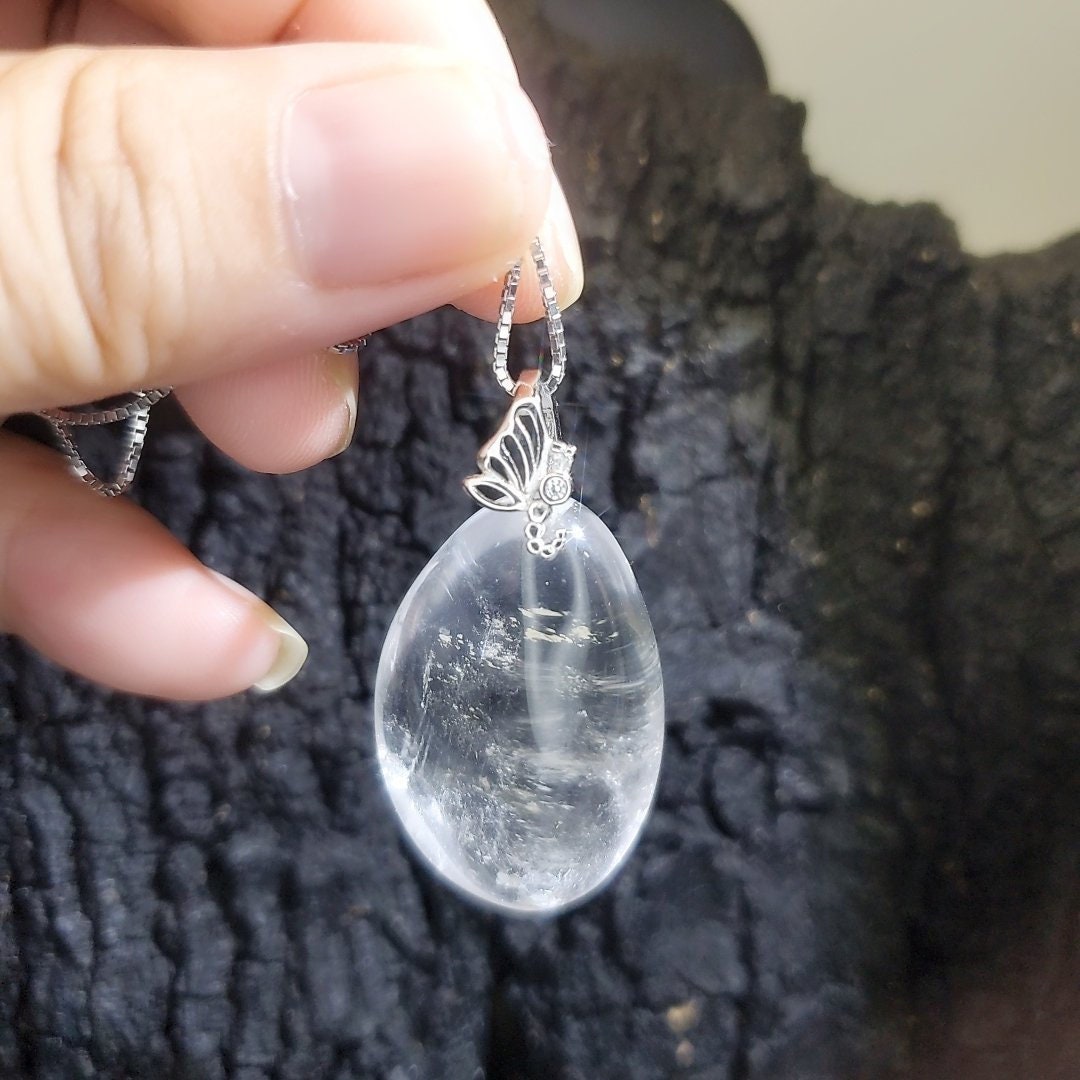Clear Quartz Pendant Necklace: Chunky Sterling Silver Butterfly Jewelry chunky stone jewelry #2446