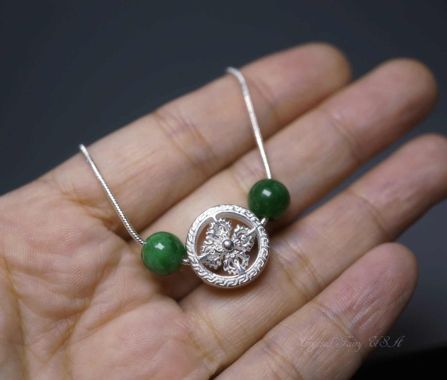 Emerald Jade Sterling Silver Necklace: Tibetan Amulet Jewelry chunky stone jewelry #2491