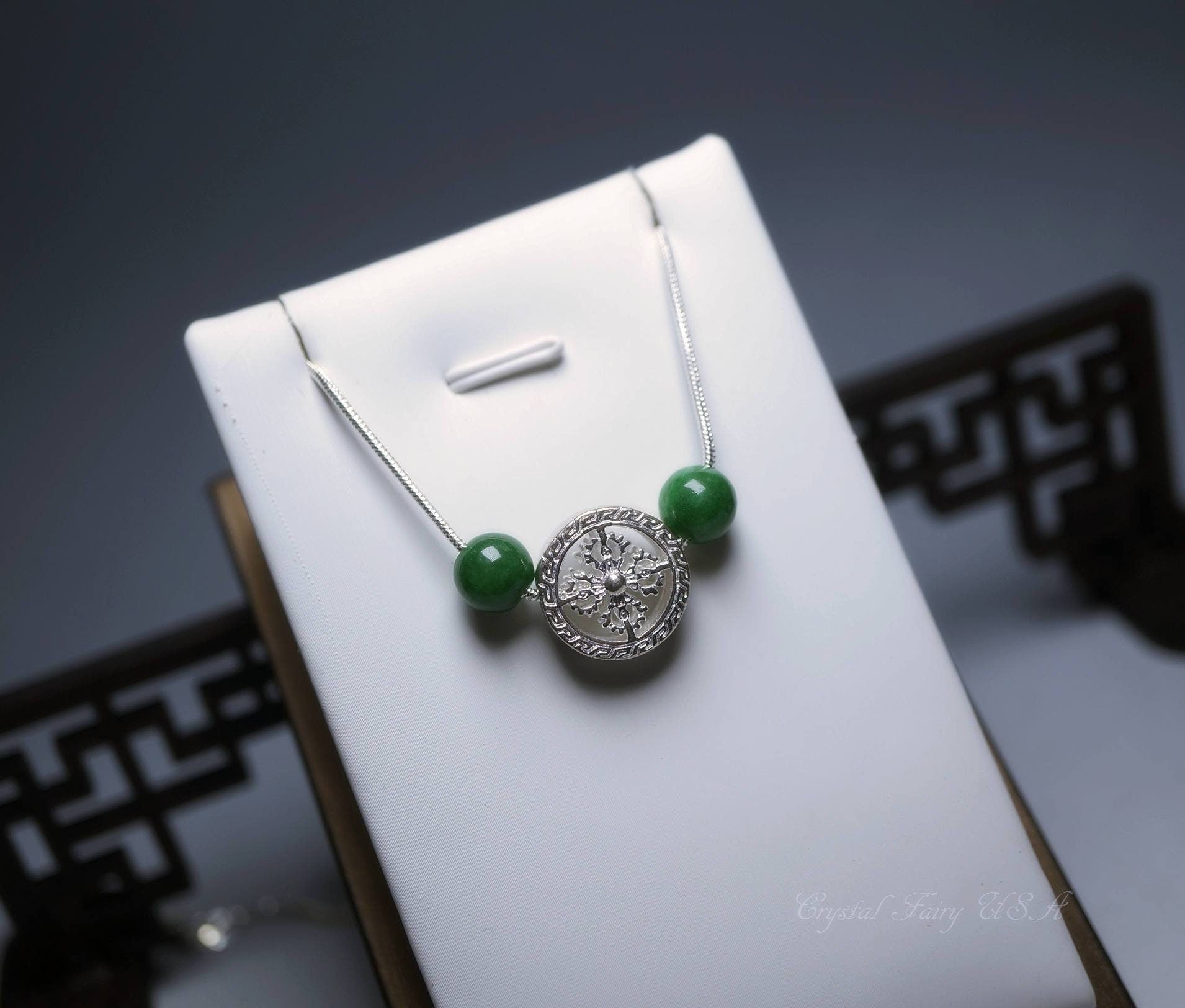 Emerald Jade Sterling Silver Necklace: Tibetan Amulet Jewelry chunky stone jewelry #2491