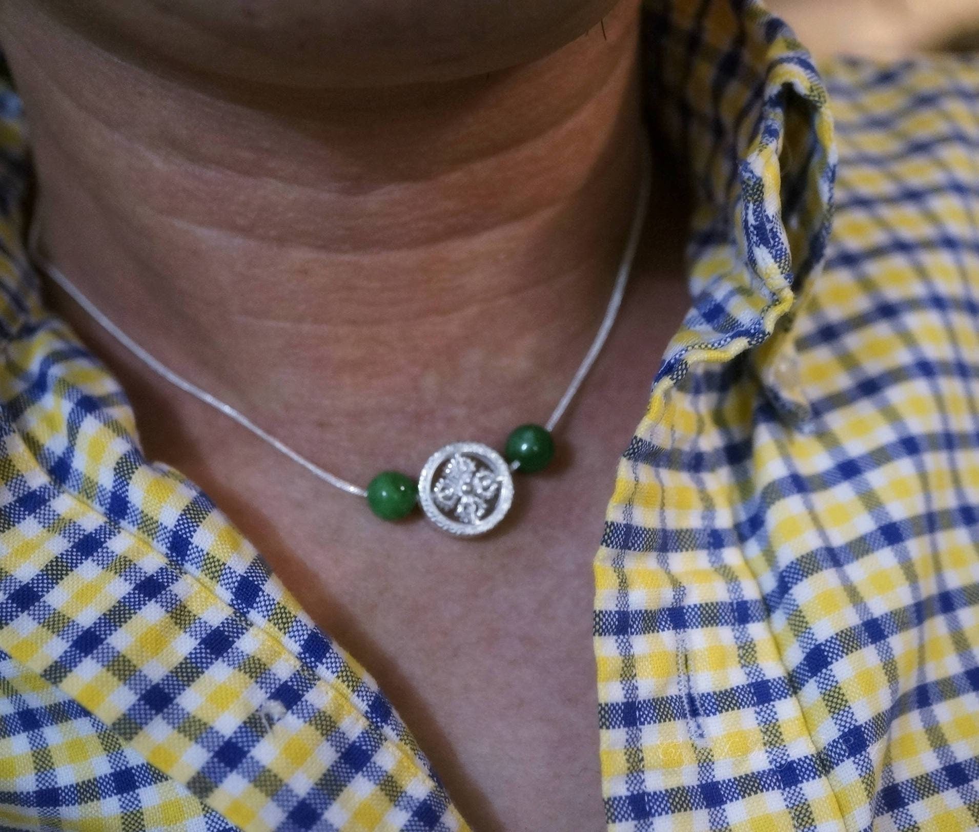 Emerald Jade Sterling Silver Necklace: Tibetan Amulet Jewelry chunky stone jewelry #2491