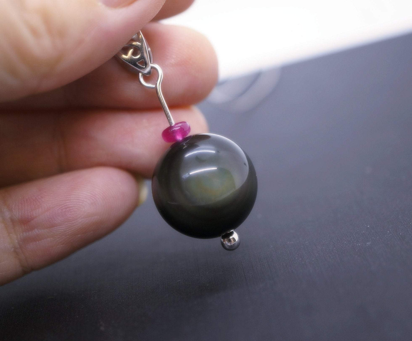 Obsidian Necklace, Large Rainbow Eye 16 mm Obsidian Pendant Full Sterling Silver Made chunky stone jewelry #2464