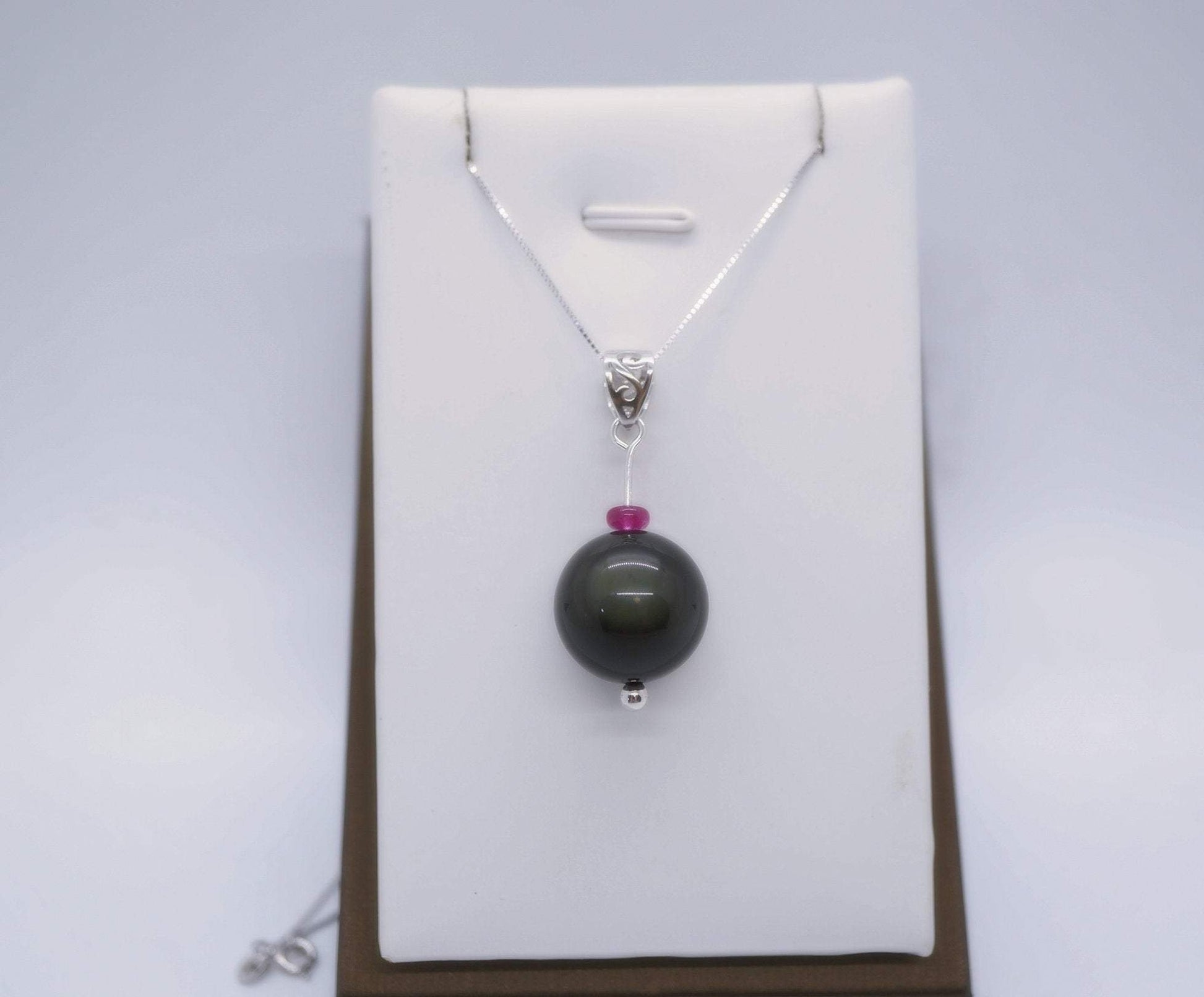 Obsidian Necklace, Large Rainbow Eye 16 mm Obsidian Pendant Full Sterling Silver Made chunky stone jewelry #2464