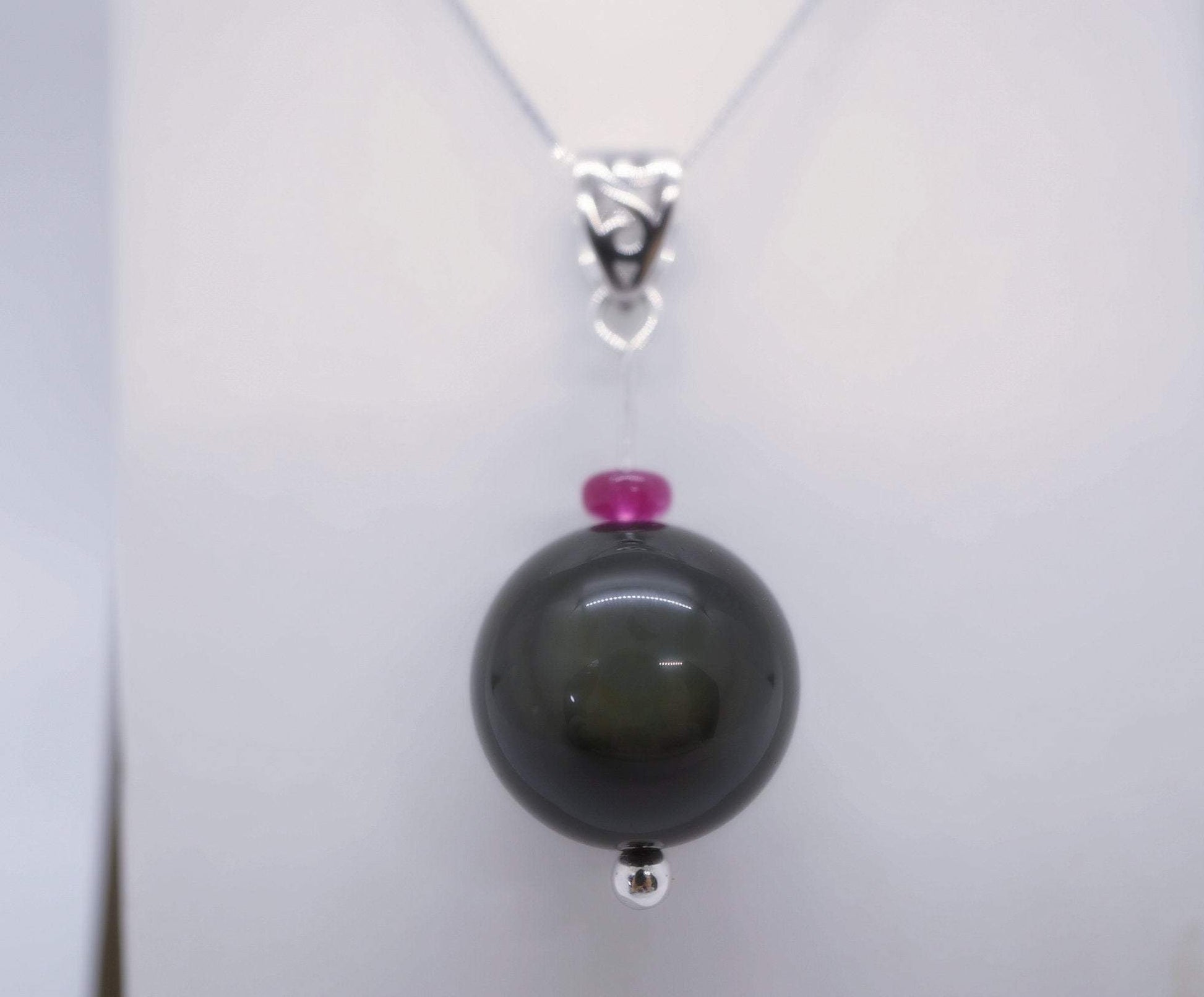 Obsidian Necklace, Large Rainbow Eye 16 mm Obsidian Pendant Full Sterling Silver Made chunky stone jewelry #2464