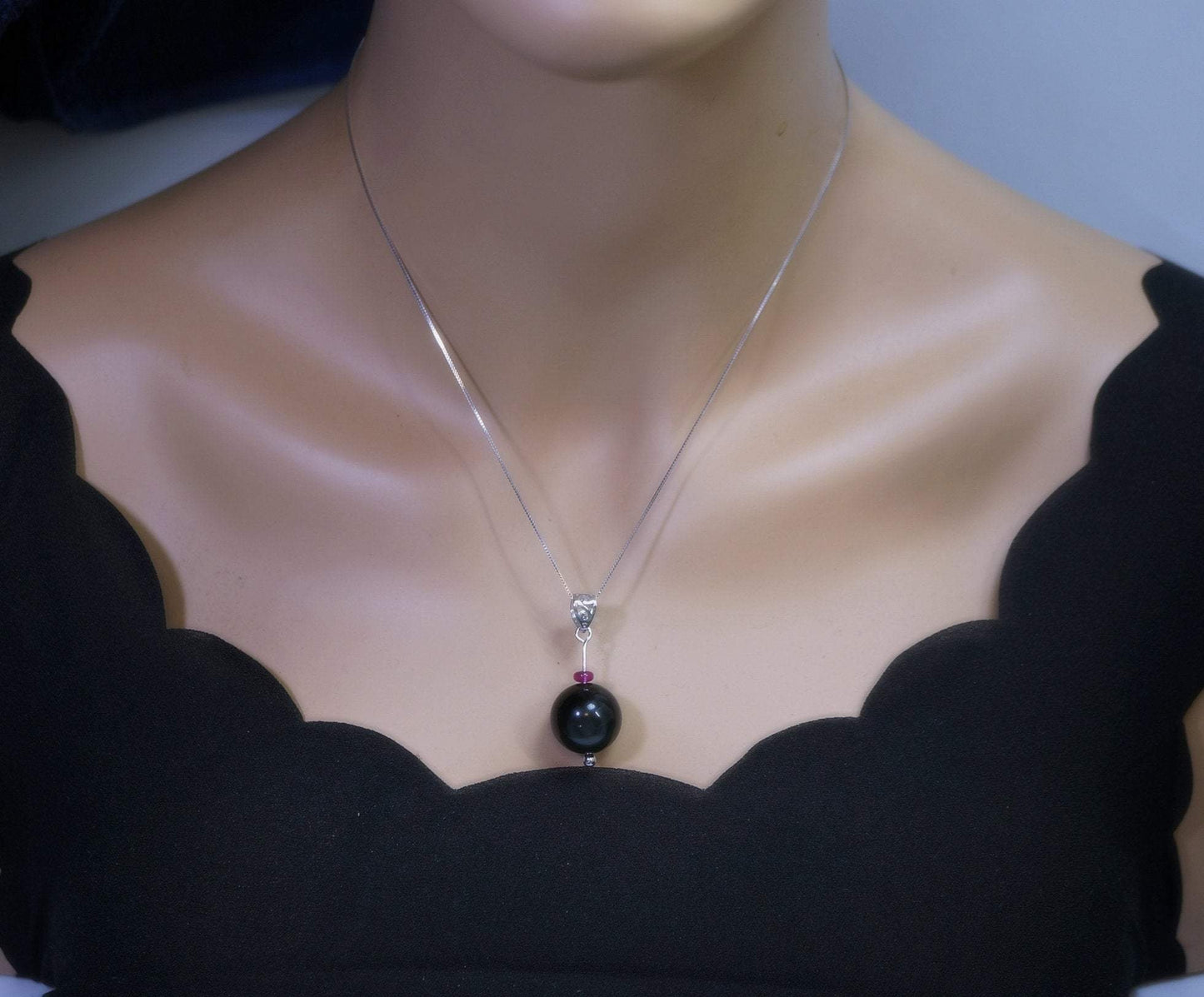 Obsidian Necklace, Large Rainbow Eye 16 mm Obsidian Pendant Full Sterling Silver Made chunky stone jewelry #2464