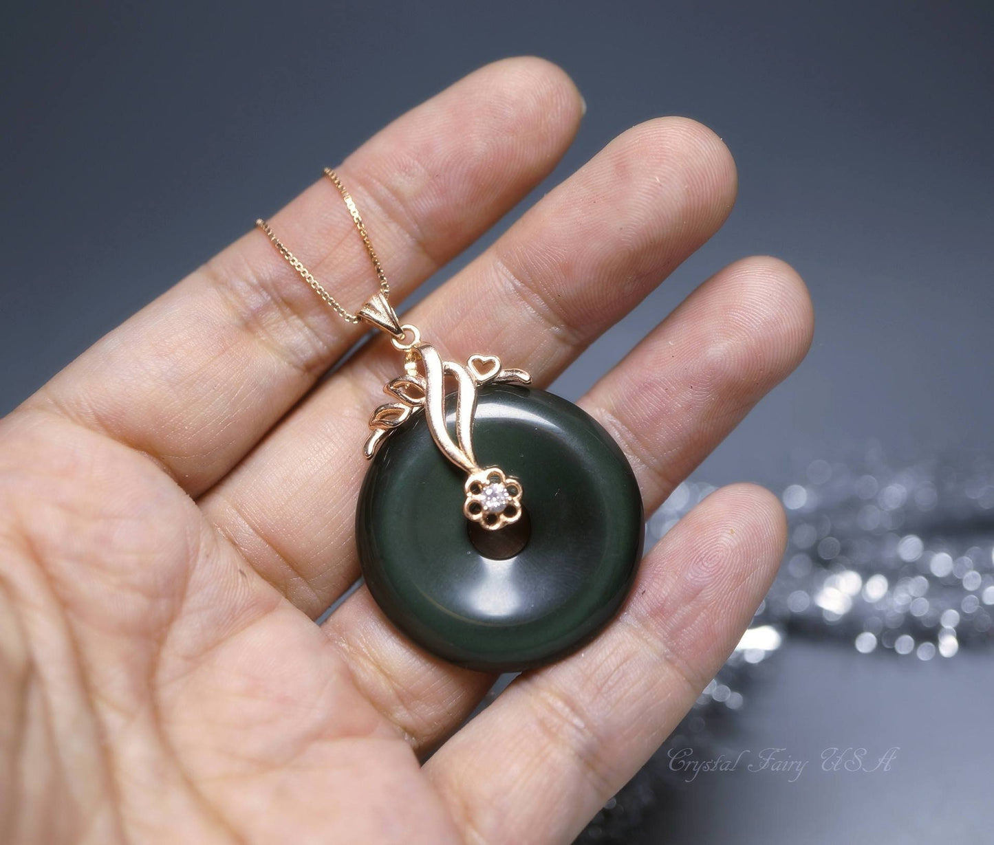 Rainbow Obsidian Donut Necklace: Rose Gold Sterling Silver, Root Chakra chunky stone jewelry #2290