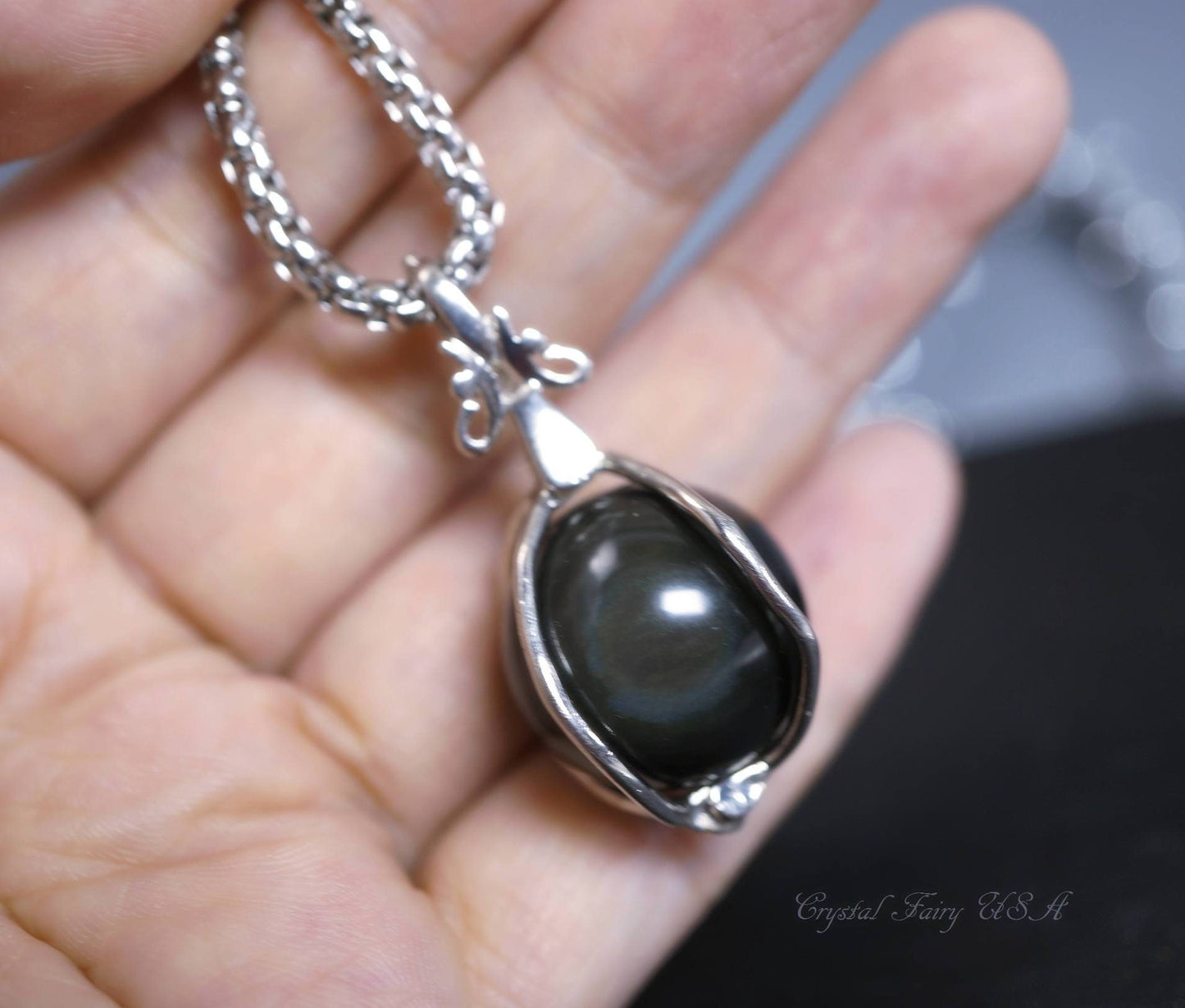 Large Rainbow Obsidian Necklace: Steel Bezel, Protective Gemstone chunky stone jewelry #2234