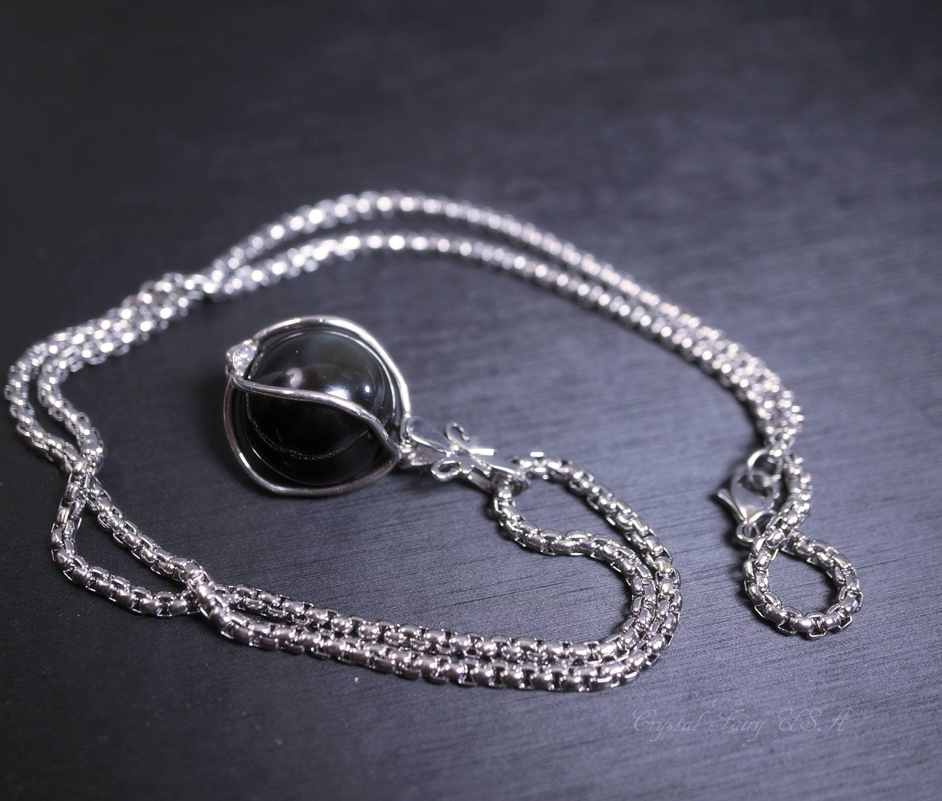 Large Rainbow Obsidian Necklace: Steel Bezel, Protective Gemstone chunky stone jewelry #2234