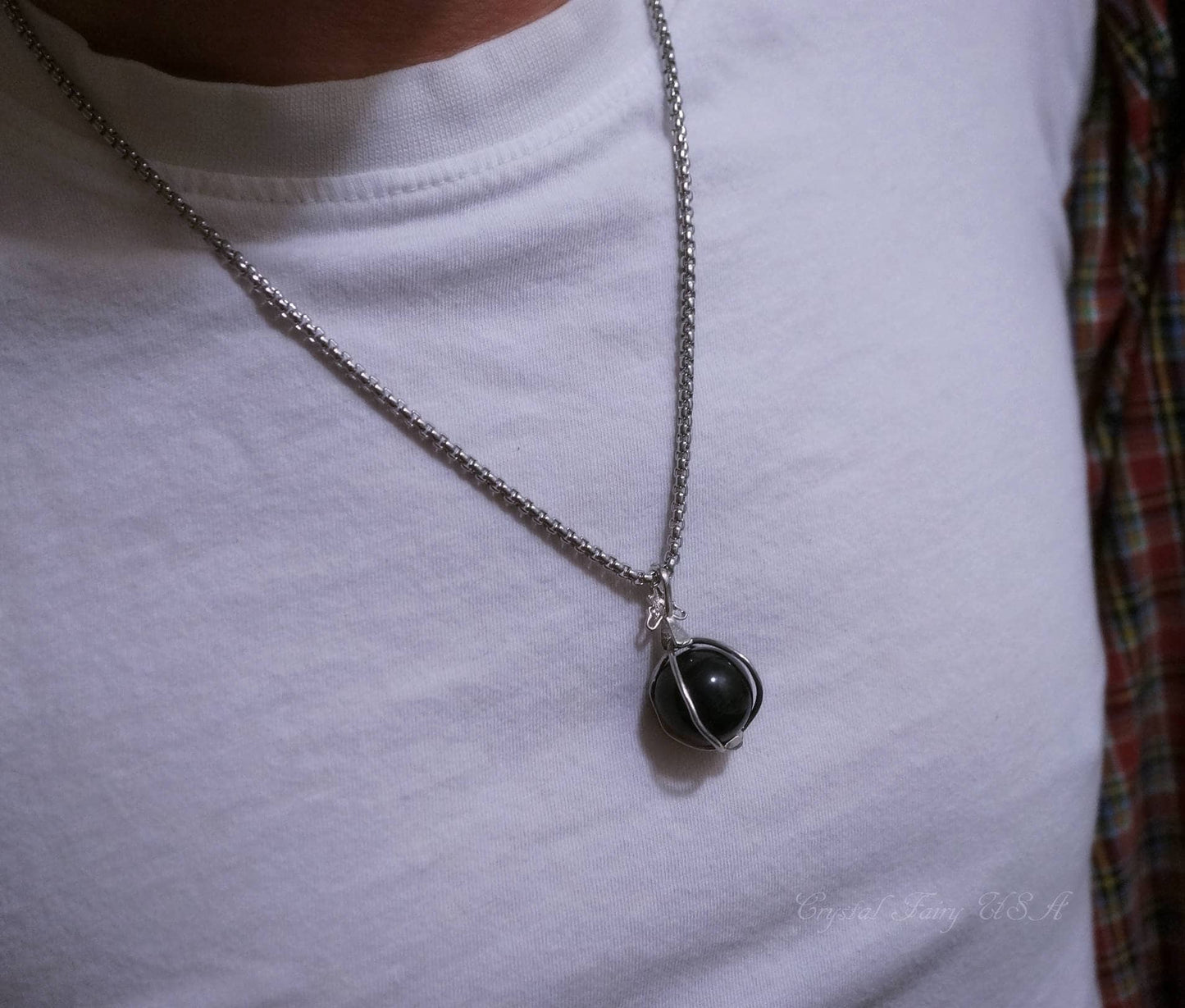 Large Rainbow Obsidian Necklace: Steel Bezel, Protective Gemstone chunky stone jewelry #2234