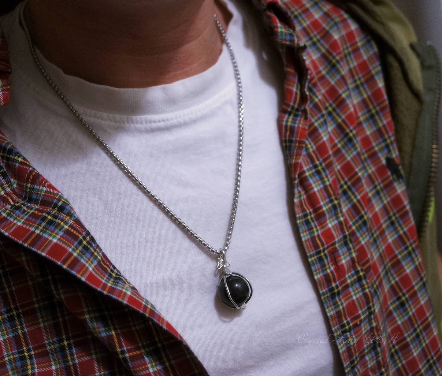 Large Rainbow Obsidian Necklace: Steel Bezel, Protective Gemstone chunky stone jewelry #2234