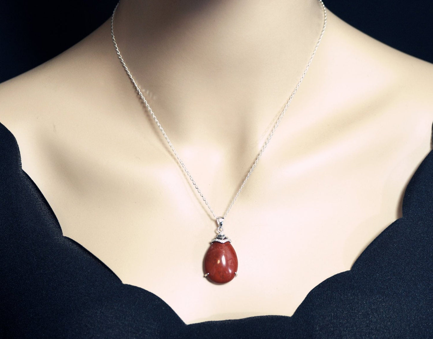 Red Jasper Teardrop Pendant: Sterling Silver Necklace, Root Chakra Healing chunky stone jewelry #2421