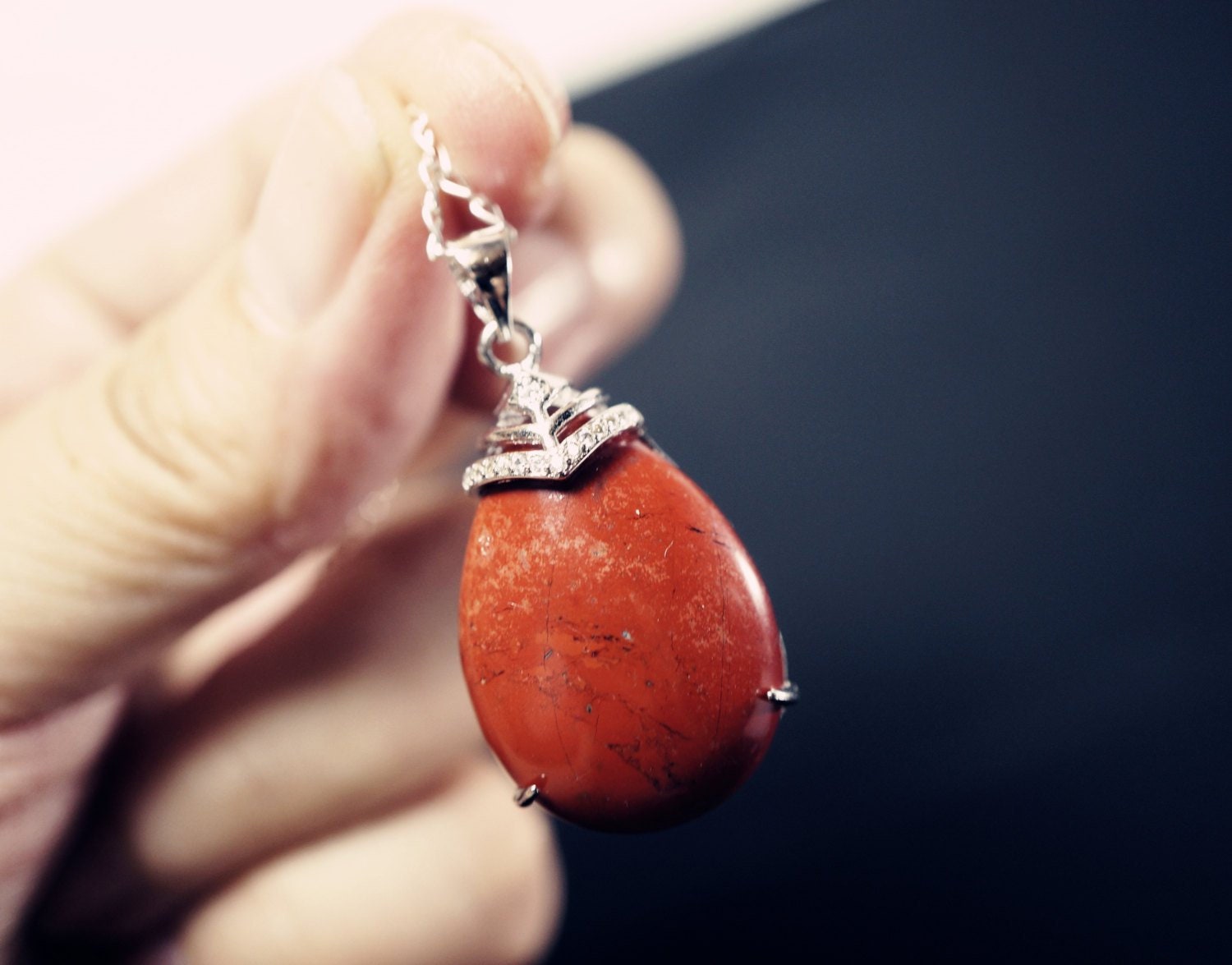 Red Jasper Teardrop Pendant: Sterling Silver Necklace, Root Chakra Healing chunky stone jewelry #2421