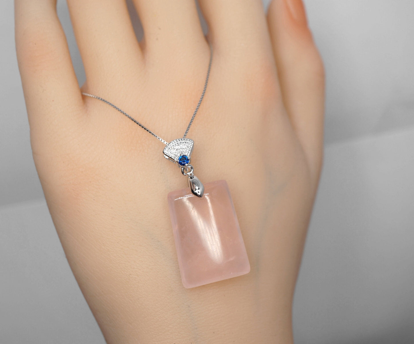 Natural Genuine Rose Quartz Necklace Sterling Silver Square Heart Chakra Healing chunky stone jewelry #2471